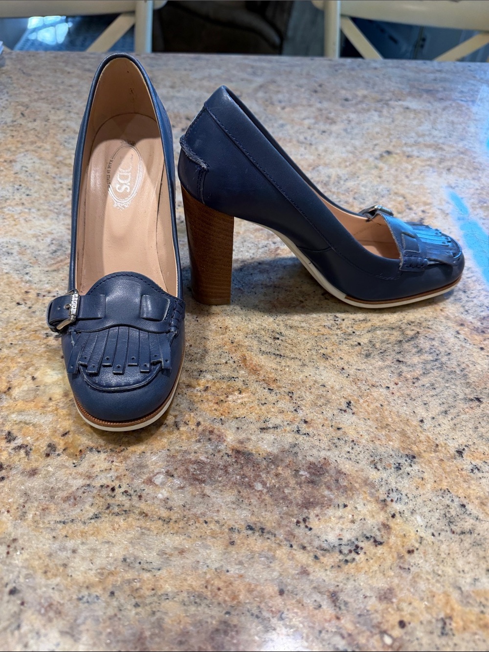 Navy Fringe Buckle Block Heel Loafers